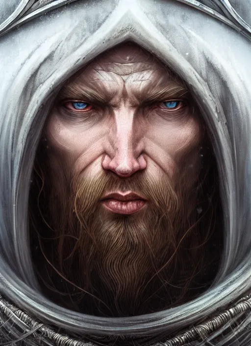 Image similar to closeup portrait shot of a snow viking in a scenic dystopian environment, intricate, elegant, highly detailed, centered, digital painting, artstation, concept art, smooth, sharp focus, illustration, artgerm, tomasz alen kopera, peter mohrbacher, donato giancola, joseph christian leyendecker, wlop, boris vallejo