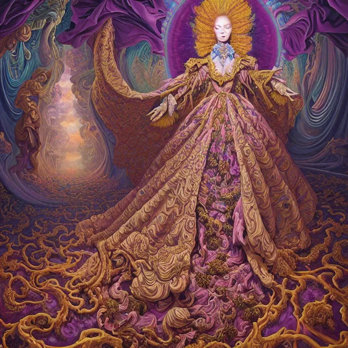 Image similar to beautiful oil painting, full length portrait of dauphinois in baroque coronation robes 1701, Dan Mumford, Dan Mumford, Alex grey, hyacinthe rigaurd, highly detailed , lsd visuals, dmt fractal patterns, hallucinogen, visionary art, psychedelic art, ornate, vaporwave, baroque, Greg rutkowski