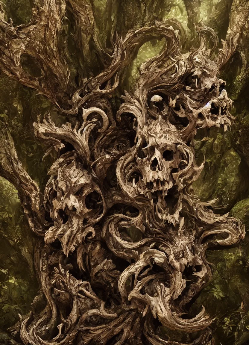 Prompt: ornate carved rat skull statue inside ancient forest, natural light, artwork by neil gaiman maria panfilova andrea savchenko mike kime ludovic plouffe qi shengluo oliver cook julian calle eddie mendoza, trending on artstation