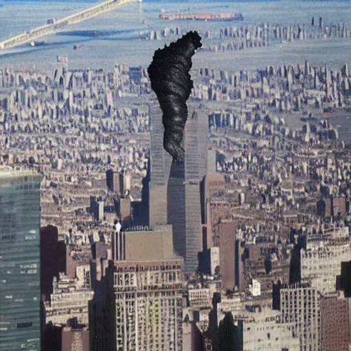 Image similar to kim jong un godzilla destroying manhattan new york city, kim jong - un, godzilla, destruction, hyper realistic, helicopter photo