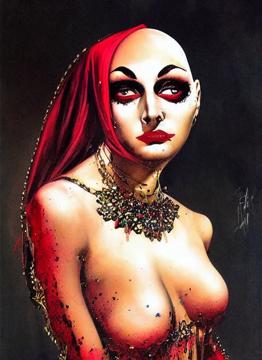 Image similar to portrait of bald iranian vampiress, jeweled veil, strong line, saturated color, beautiful! coherent! by frank frazetta, high contrast, blood splatter background