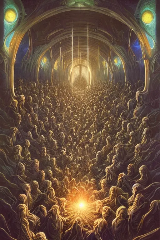 Image similar to a quantum computer surrounded by a dark cabal of hooded elven mystics with long robes gathered in a circular formation, michael whelan, dan seagrave, boris vallejo
