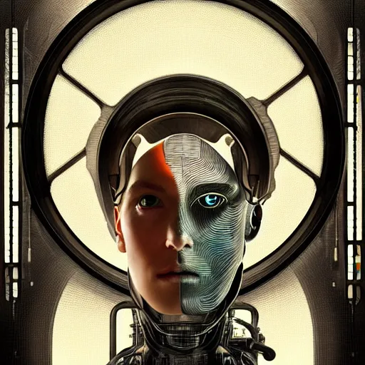 Image similar to portrait of a male android, coy, circuitry visible in head, in the style of ex machina, karol bak, alphonse mucha, greg rutkowski, award winning, hr giger, artstation