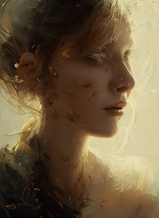 Image similar to golden leaves, beautiful portrait painting by jeremy mann, a female witch absurdly beautiful, elegant, ultrafine hyperrealistic detailed face illustration by wlop and artgerm and greg rutkowski, intricate linework, sharp focus, smooth, octopath traveler, final fantasy, unreal engine, dramatic lighting, ethereal, 8 k