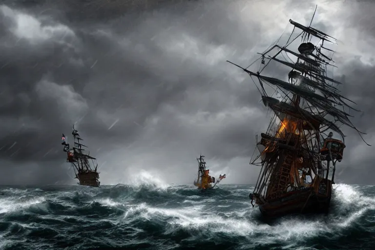 Image similar to epic pirate ship in a storm, sighting the kraken, in the style of vernon grant and chris van allsburg, trending on artstation, bright tilt - shift camcorder effect, photoshop, retrowave, hyperrealism,