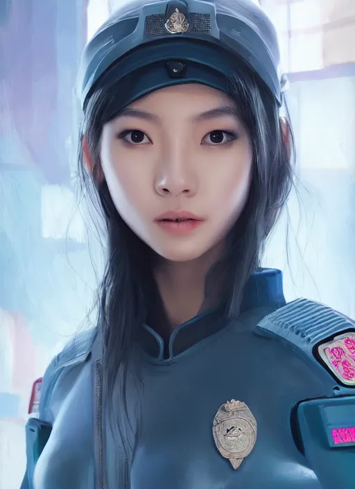 Image similar to portrait of angelababy, futuristic hong kong police uniform girl, au naturel, hyper detailed, digital art, trending in artstation, cinematic lighting, studio quality, smooth render, unreal engine 5 rendered, octane rendered, art style by klimt and nixeu and ian sprigger and wlop and krenz cushart