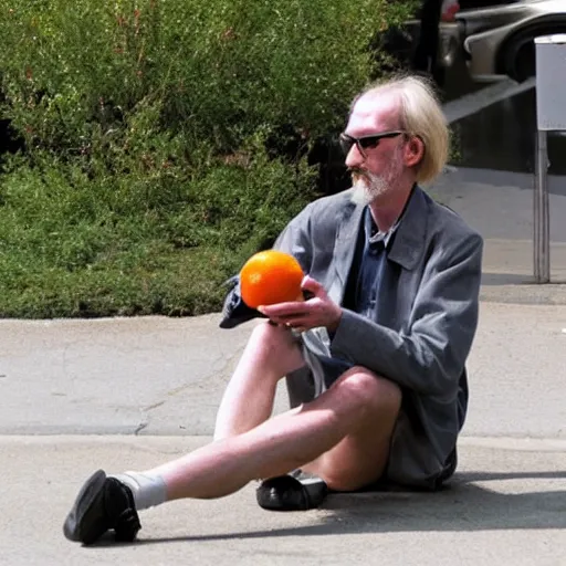 Prompt: hugh hopper on a street corner eating an orange and sipping diet pepsi