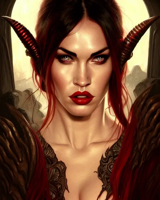 Image similar to portrait of megan fox as purgatori, vampire, horns, red skin, chaos comics, coffin comics, hell, intricate, headshot, highly detailed, digital painting, artstation, concept art, sharp focus, cinematic lighting, illustration, art by artgerm and greg rutkowski, alphonse mucha, cgsociety