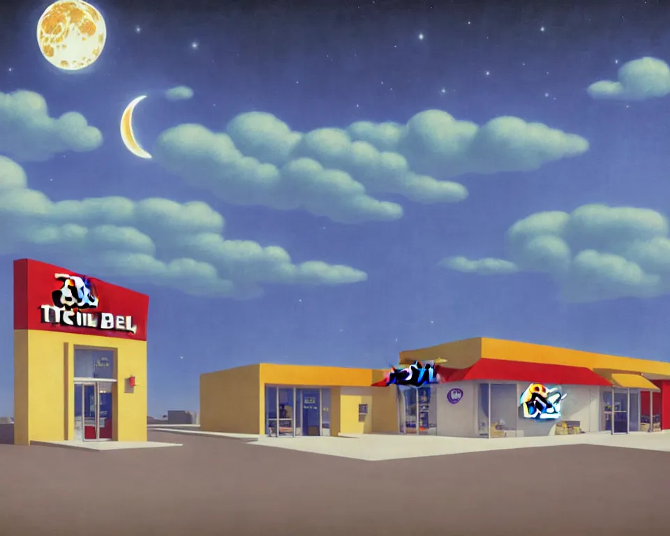 Prompt: !dream an achingly beautiful print of a Taco Bell restaurant on a lunar base by Raphael, Hopper, and Rene Magritte. detailed, romantic, enchanting, trending on artstation.