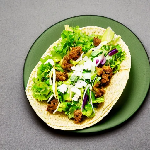 Prompt: a taco full of grass on a paper plate, studio lighting, professional photo