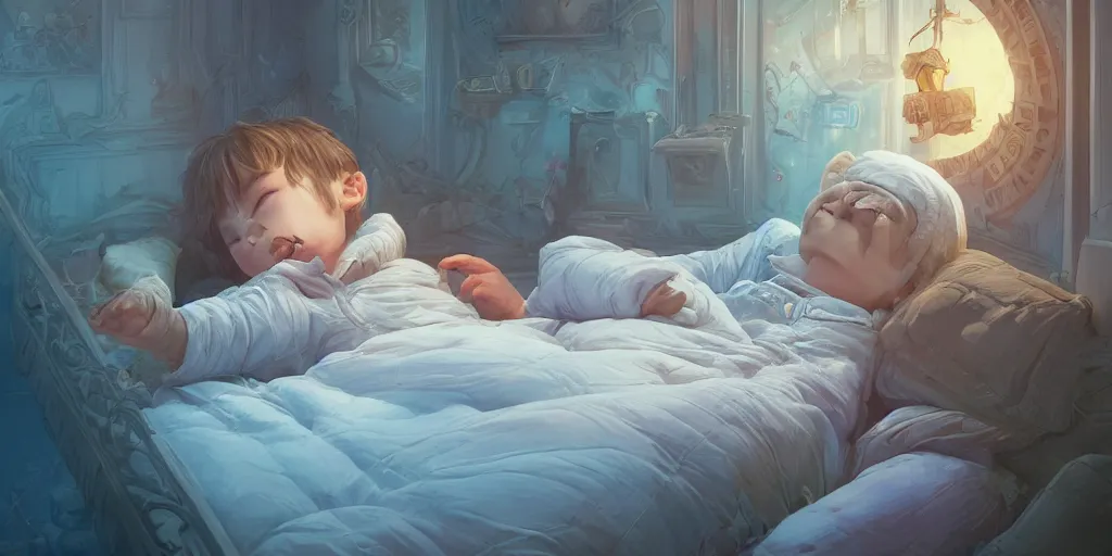 Prompt: a beautiful illustration of a little cute boy in his bed dreaming about a beautiful, fantasy, intricate, epic lighting, cinematic composition, hyper realistic, 8 k resolution, unreal engine 5, by artgerm, tooth wu, dan mumford, beeple, wlop, rossdraws, james jean, marc simonetti, artstation