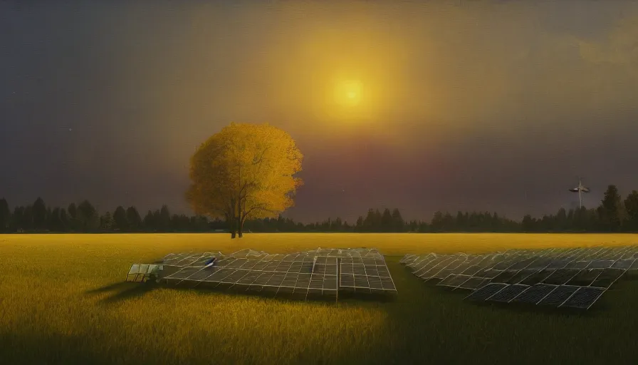 Prompt: field full of solar panels, sun in the sky, early morning, single tree, farmhouse, simon stalenhag