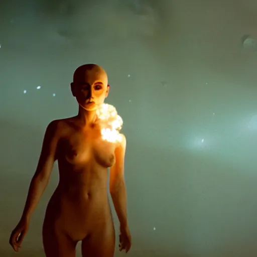 Image similar to The full body shot of beautiful pale woman with white flowers and full-face golden mask inside a thick black smoke in rocky desert landscape, glowing eyes everywhere, burning earth by Gaspar Noe and Christopher Doyle, anamorphic lens, anamorphic lens flares, kodakchrome, cinematic composition, practical effects, award winning photo, 8k