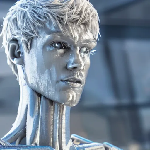 Image similar to made of ice, a realistic detailed photo of a guy who is an attractive humanoid who is half robot and half humanoid, who is a male android, on display, blank stare, showing off his muscles, shiny skin, posing like a statue, by the pool, frozen ice statue, twitch streamer / gamer ludwig, humanoid robot