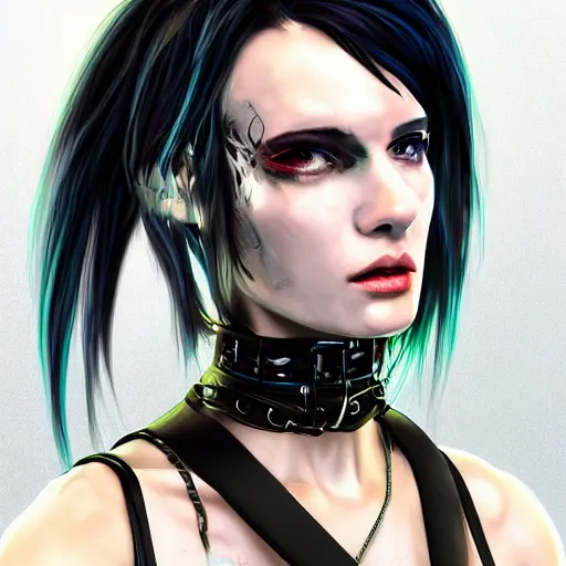 Image similar to detailed realistic cyberpunk female character cyberpunk wearing steel collar around neck, realistic, art, beautiful, 4K, collar, choker, collar around neck, punk, artstation, detailed, female, woman, choker, cyberpunk, neon, punk, collar, choker, collar around neck, thick collar, choker around neck, wearing choker, wearing collar, bright neon punk hair,