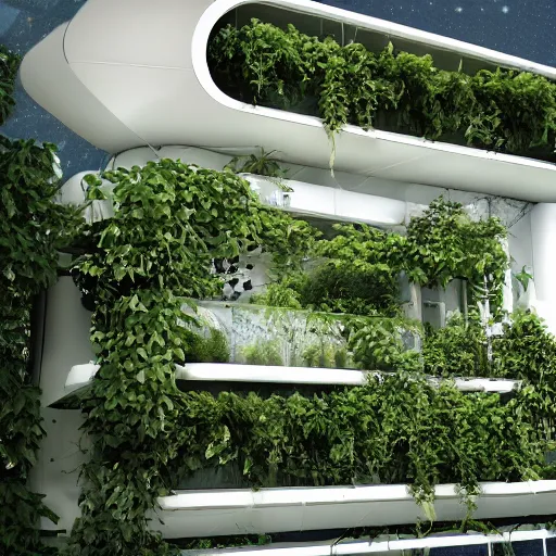 Prompt: white futuristic mage house covered in plants, hanging vines, floating on a cloud