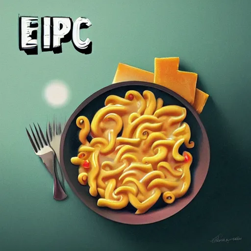 Image similar to epic album cover, mac and cheese, tending on artstation, award-winning art