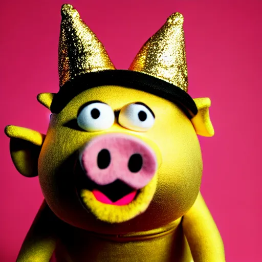 Image similar to studio photograph of a pig wearing a gold crown depicted as a muppet fighting stance