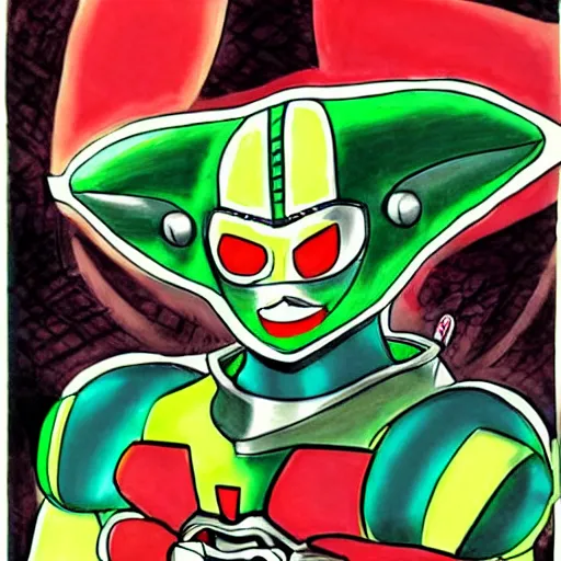 Prompt: a Karl Nicholason drawing of Jet Jaguar fused with Tingle