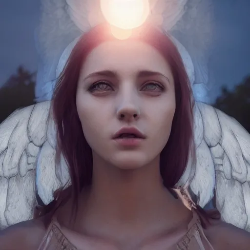 Image similar to portrait art of female angel, art by alessio albi 8 k ultra realistic, angel wings, lens flare, atmosphere, glow, detailed, intricate, full of colour, led lighting, trending on artstation, 4 k, hyperrealistic, focused, extreme details, unreal engine 5, masterpiece