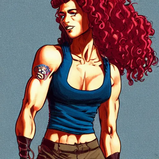 Prompt: a muscular bronze - skinned blue - eyed woman fighter, wearing a black cropped tank top, military pants, brown boots, wrapped arms, tribal tattoo on the right arm, wavy big red hair, 8 0's hairstyle, red gorgeous lips, highly detailed, cool action pose, mike mignola, trending on art station, illustration, comic book