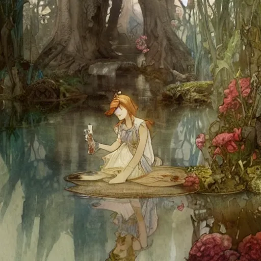 Prompt: a beautifull intricate watercolour painting of alice in wonderland scene, reflexions, verry high details by william turner art, greg rutkowski and alphonse mucha, trending on artstation, very very detailed, masterpiece, muted colors