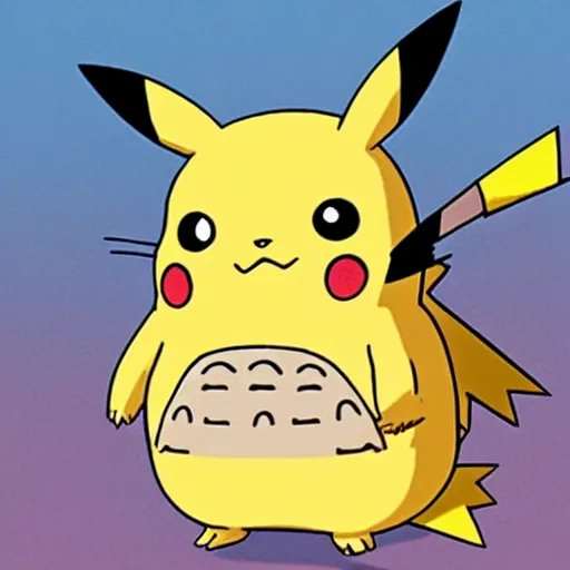 Prompt: Pikachu dressed up like Totoro while holding a leaf, Ghibli, art