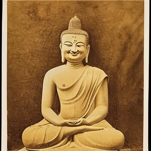 Prompt: Recovered photograph of smiling Gautama Buddha and his wife in 563 BCE. The British Museum Images Photography Collection. Sepia.