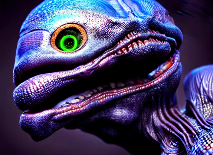 Prompt: hyperrealism, detailed textures, photorealistic 3 d render, an alien with cobalt coloured eyes in a super star system from 5 million years ago, sharp focus, ultra realistic, ultra high pixel detail, cinematic, intricate, cinematic light, concept art, illustration, art station, unreal engine 8 k