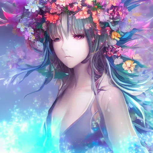 Image similar to Stunning Anime Goddess of the floral river flowers, misty, intricate, beautiful, artstation 8k, high resolution