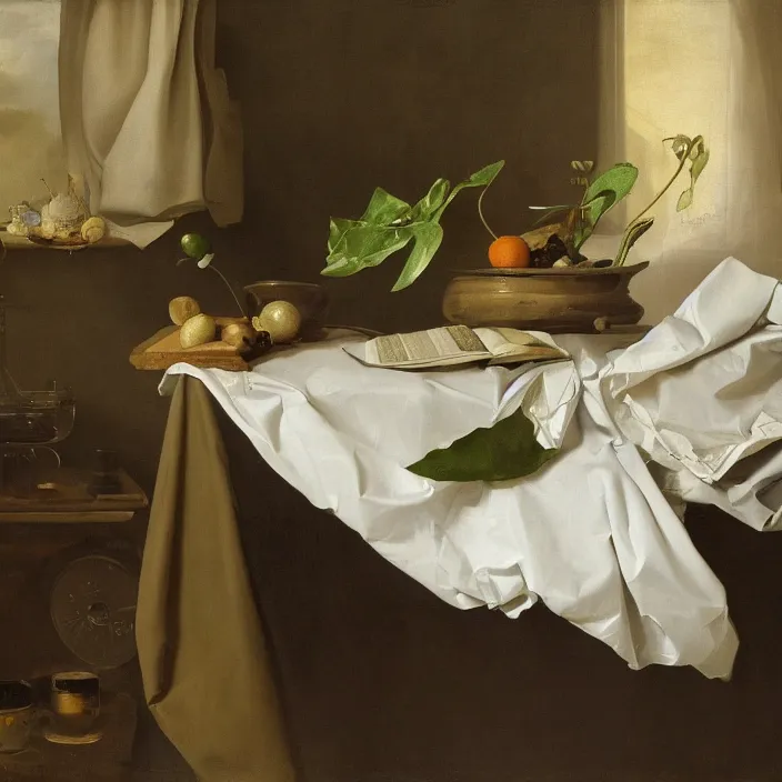 Prompt: still life painting of a personal computer and greenery by pieter claesz, oil on canvas, strong lighting, highly detailed, hyper realism, golden hour, god rays, hd, 4 k