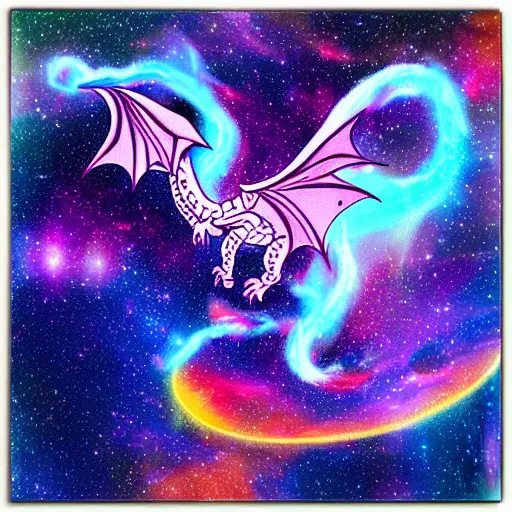 Prompt: A Dragon Flying thru the galaxy cosmic color scheme