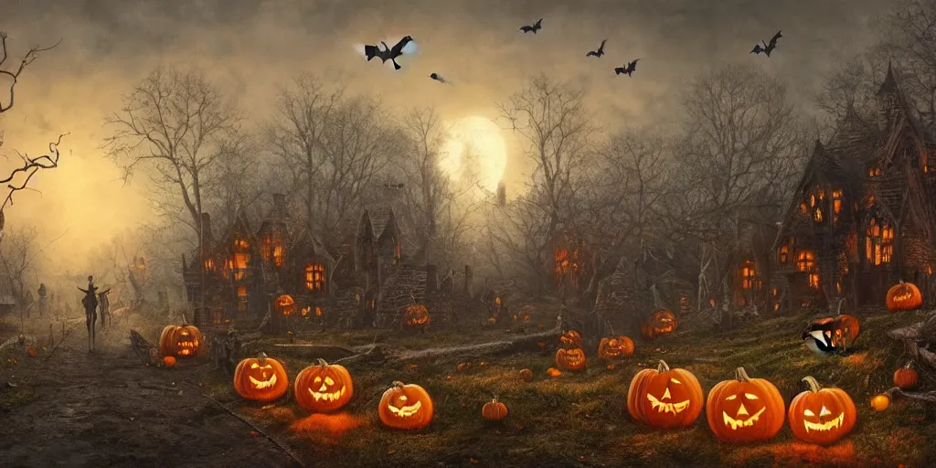 Image similar to a halloween landscape with skeletons ghosts and witches around in november, by Ernest deutsch + Ted Nasmith, cinematic lighting, masterpiece, highly detailed, 8k resolution, trending on art station