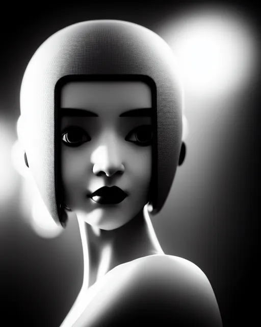 Image similar to black and white dreamy young beautiful female artificial intelligence, metropolis, cinematic, rim light, bokeh, photo - realistic, elegant, high detail, 8 k, masterpiece, photo taken in 1 9 3 0