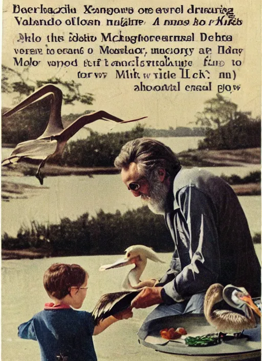 Image similar to vintage pharamaceutical magazine advertisement depicting charles manson feeding pelicans to children