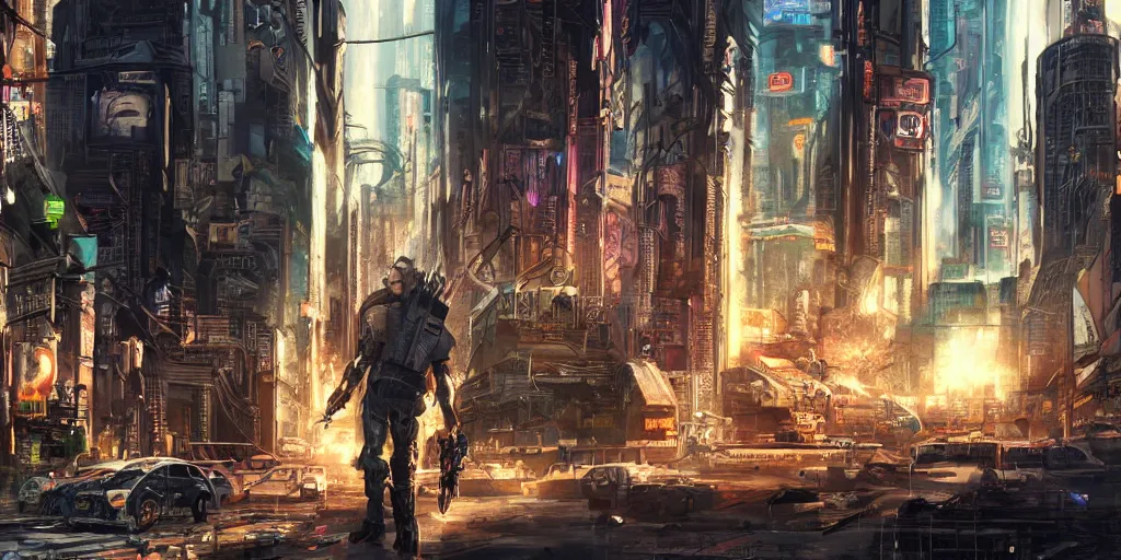 Image similar to Johnny silverhand in his prime, cyberpunk city, concept art, hd, intricate, painterly, explosions in the distance