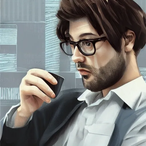 Image similar to startup CEO having a cup of coffee. Handsome!!!!!!! sci-fi concept art photorealistic!!!!!