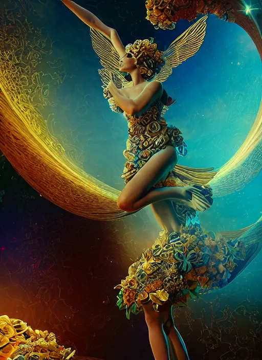 Image similar to flowers within the whole infinite capsule, a goddess apparent with awe the apparition, an idea seep's into infinity and gives me wings, highly detailed in 4 d volumetric latent space, golden turquoise steampunk, high contrast cinematic light, mystical shadows, sharp focus, divine realm of gods, octane render, artist boris vallejo,