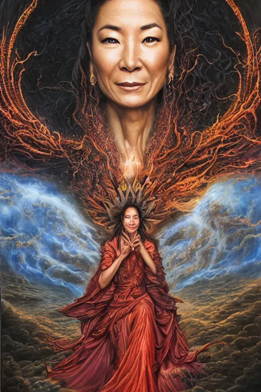 Prompt: A beautiful detailed tarot card of Michelle Yeoh, by tomasz alen kopera and Justin Gerard, symmetrical features, ominous, magical realism, texture, intricate, ornate, royally decorated, whirling smoke, embers, red adornements, red torn fabric, radiant colors, fantasy, trending on artstation, volumetric lighting, micro details, 3d sculpture, ray tracing, 8k, anaglyph effect