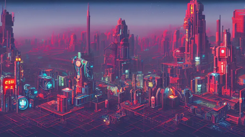 Image similar to retro robot city at the other side of nowhere, sharp digital painting. retrofuturism. concept art. artstation. casey weldon. digital render. dan mumford.