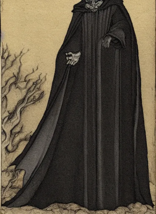 Prompt: fineart illustration of the necromancer, wearing a black cloak, crisp