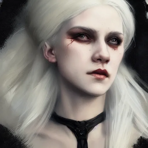 Prompt: portrait of a gorgeous young scottish vampire woman with platinum blonde hair wearing tattered black robes, HD, D&D 4k, 8k, incredibly detailed, intricate, masterpiece, digital illustration by greg rutkowski and tom bagshaw, trending on artstation, character design, concept art