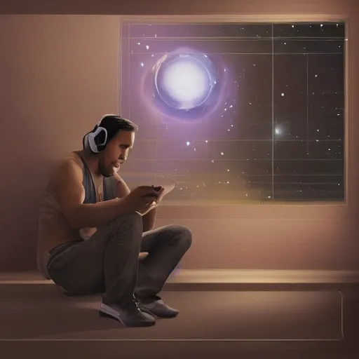 Image similar to long shot of male wearing headphones sitting in space, calm, soothing, relaxed, cosy, quiet, elegant, digital painting, realism, cyberpunk art, acrylic on canvas,