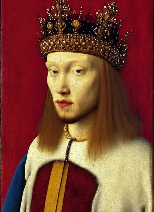 Image similar to portrait of a young king with a crown, medieval painting by Jan van Eyck, Johannes Vermeer, Florence