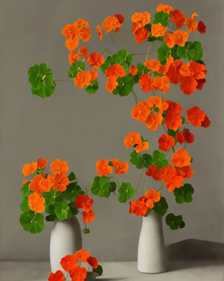 Prompt: fine artwork of a still life arrangement of flowering nasturtiums in porcelain vases. soft light coming from a window in a dark room, moody, beautiful classical style