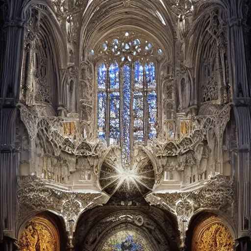 Image similar to beautiful hyperrealistic 3 d render of a delicate ivory sculpture of an ornate detailed cathedral populated by mandelbrot fractals by android jones, micro detail, unreal engine, dramatic lighting, psychedelic, octane renderer, catholicpunk, glowing, white color scheme, photorealistic, physically based rendering, angelic, hyper detailed, colorful, carved soap, trending on cgsociety