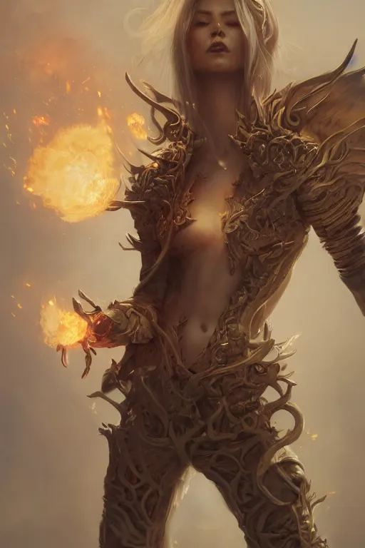 Image similar to torso closeup beautiful girl necromancer, witch - doctor exploding into space casting spell, angels, 3 d render, hyper - realistic detailed portrait, holding fire and electricity, ruan jia, wlop. scifi, fantasy, magic the gathering, hyper detailed, octane render, concept art, peter mohrbacher