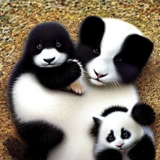 Prompt: panda, cat, and rabbit snuggling cute