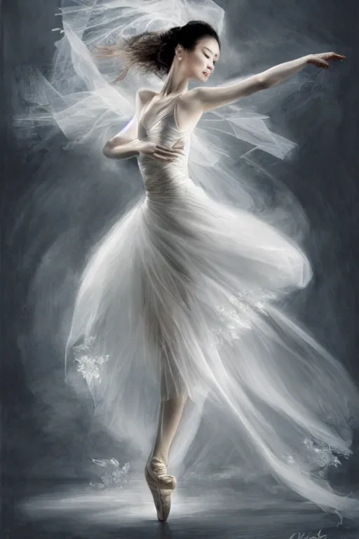 Image similar to prima ballerina dancing in the wind, asian beautiful face, ethereal, bride, beautiful wedding dress, gorgeous, volumetric lighting, elegant, fluid, very highly detailed, digital painting, concept art, illustration, limited color palette, atmosphere and tension, art by greg olsen and liz lemon swindle