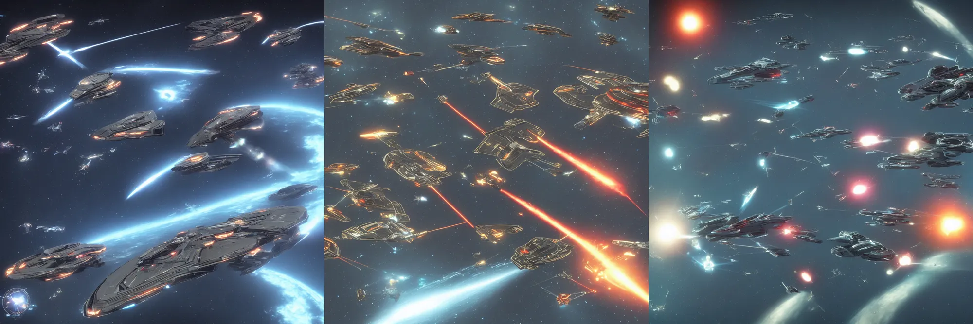 Prompt: sleek looking starships flying through space shooting at each other, beautiful space, very high quality, battletech style, star trek, sins of a solar empire, sharp, crisp, no bloom